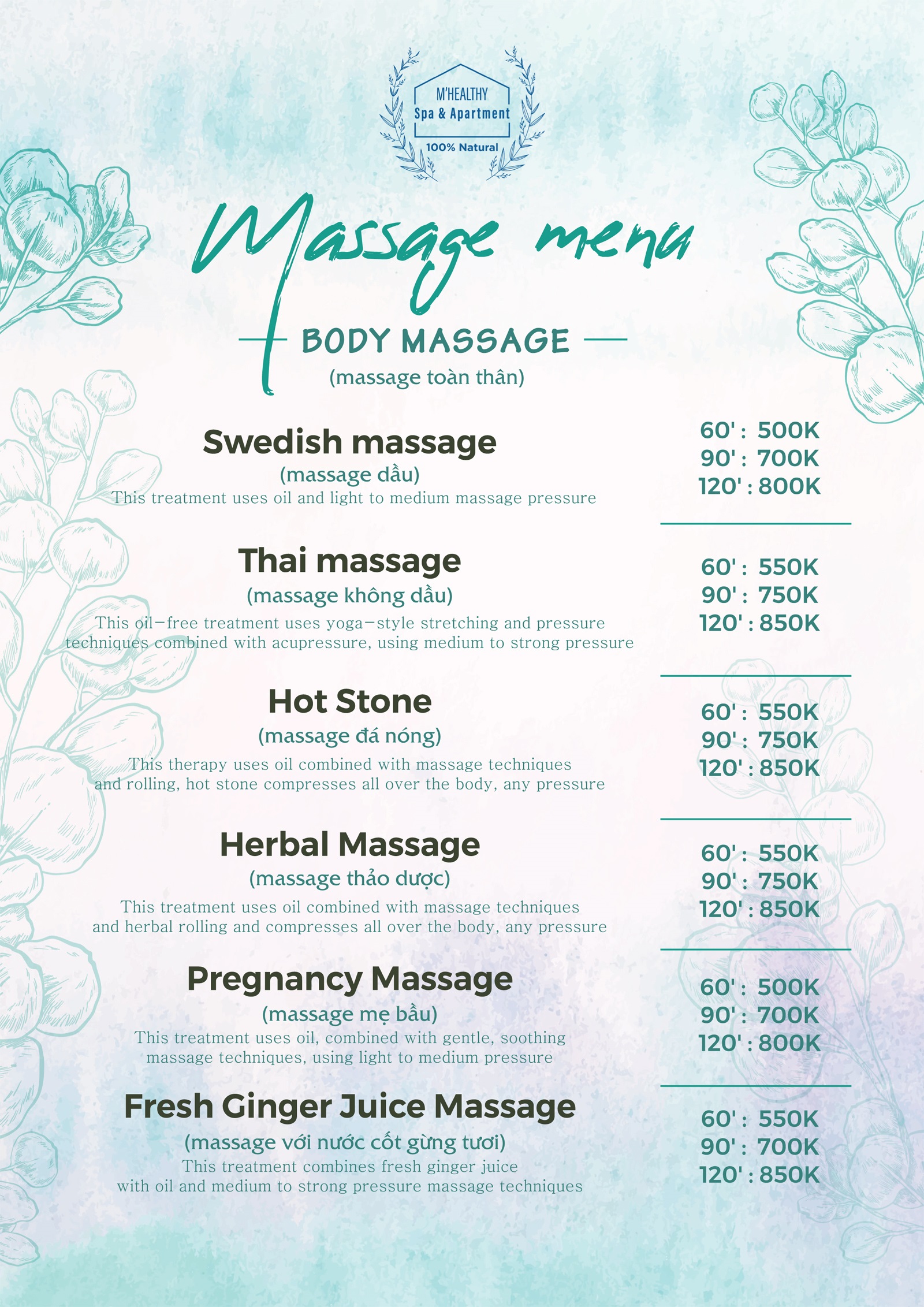 Menu M'Healthy Spa - massage tại Đà Nẵng, best spa tại Đà Nẵng 