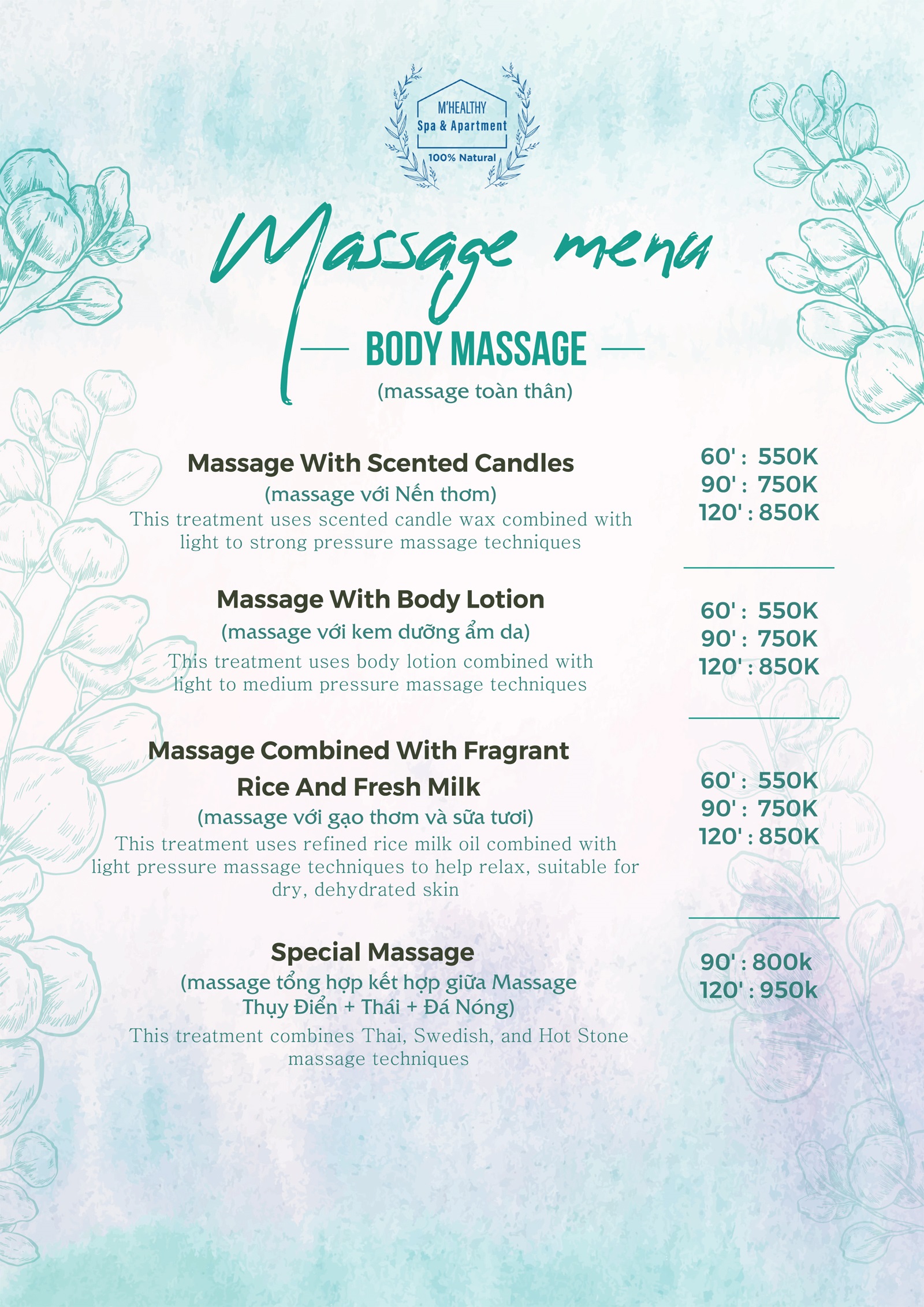 Menu M'Healthy Spa - massage body tại Đà Nẵng, best spa tại Đà Nẵng 
