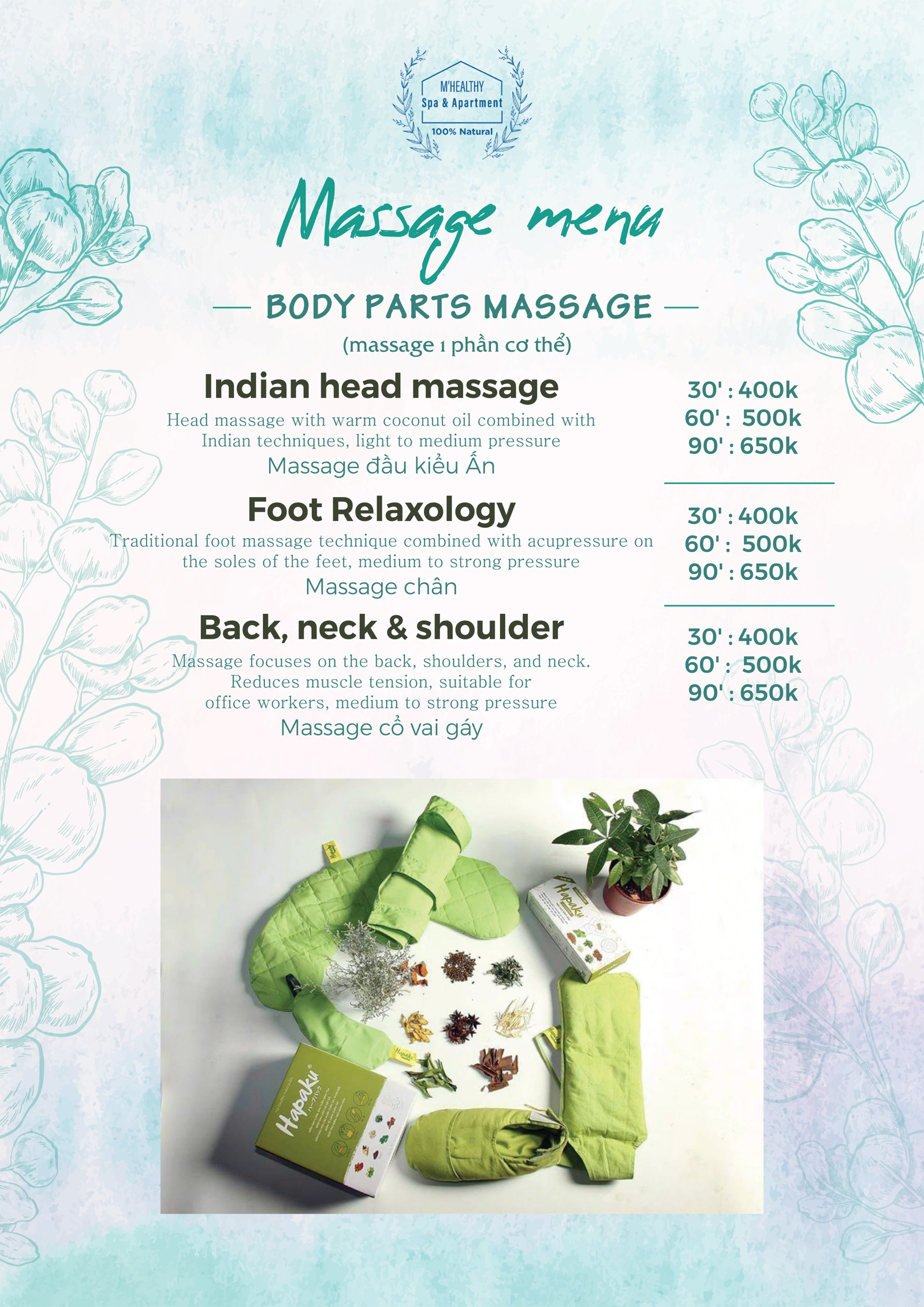 Menu M'Healthy Spa - massage foot tại Đà Nẵng, best spa tại Đà Nẵng 