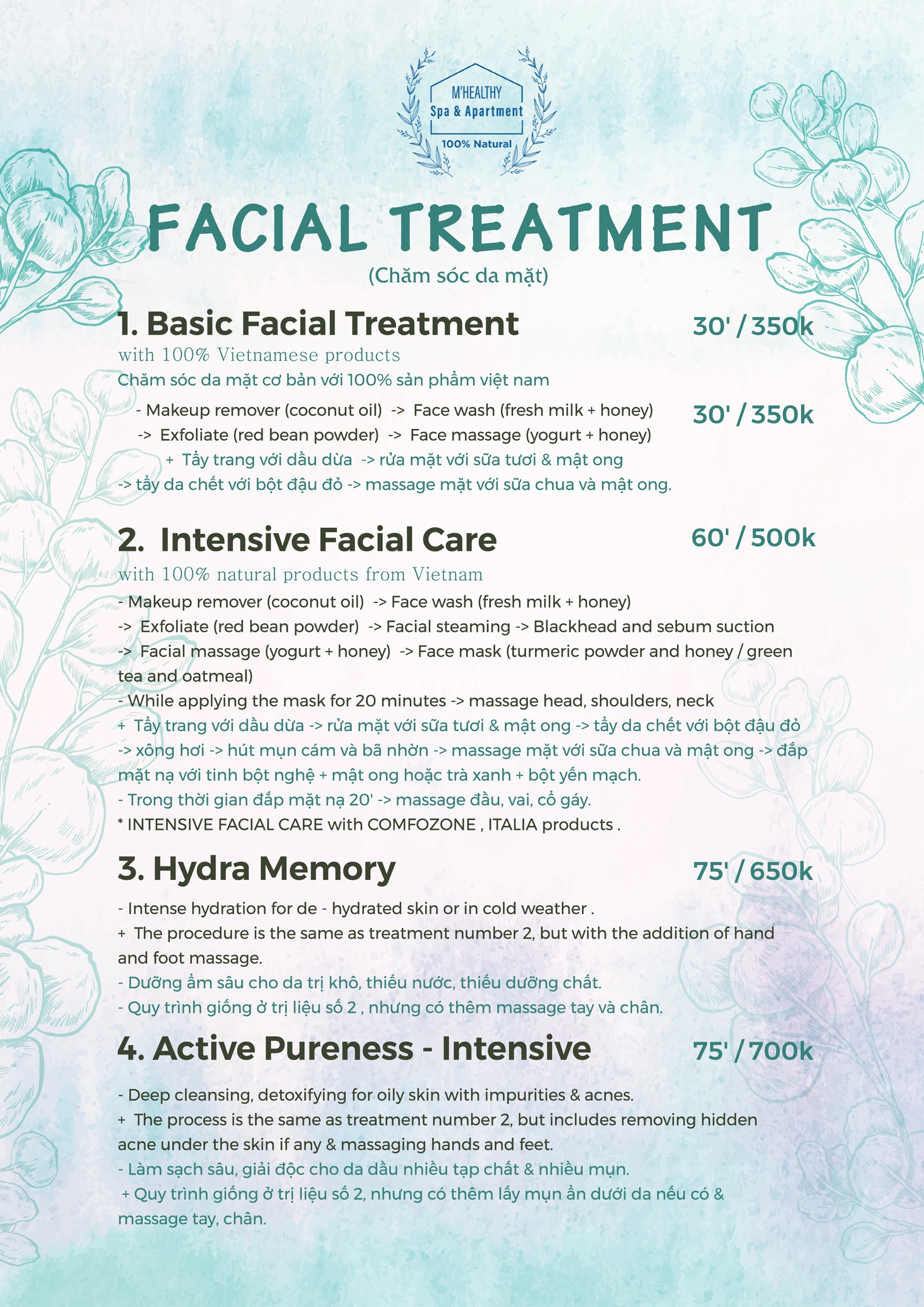 Menu M'Healthy Spa - massage thái tại Đà Nẵng, best spa tại Đà Nẵng 