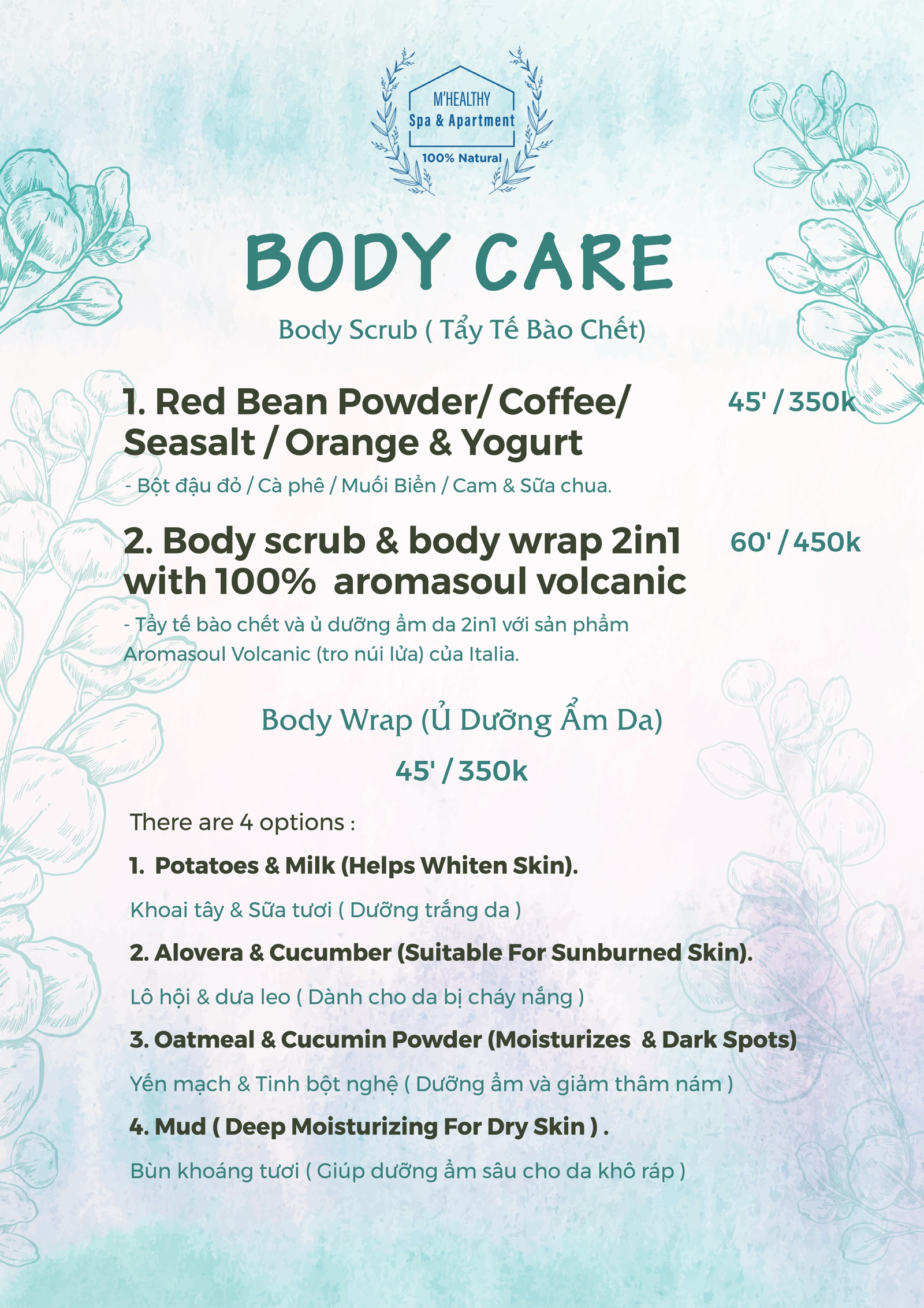 Menu M'Healthy Spa - gội đầu dưỡng sinh tại Đà Nẵng, best spa tại Đà Nẵng 