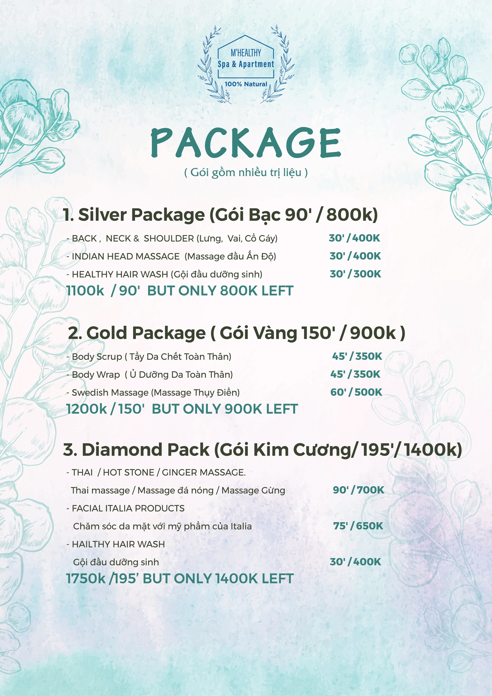 Menu M'Healthy Spa - massage đá nóng tại Đà Nẵng, best spa tại Đà Nẵng 